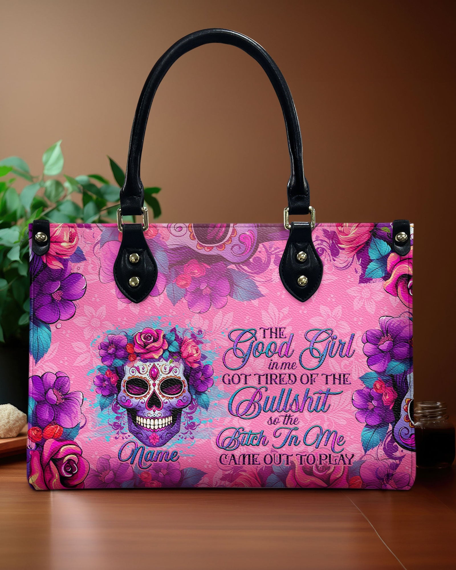 BLISSCORNERS THE GOOD GIRL IN ME SUGAR SKULL LEATHER HANDBAG