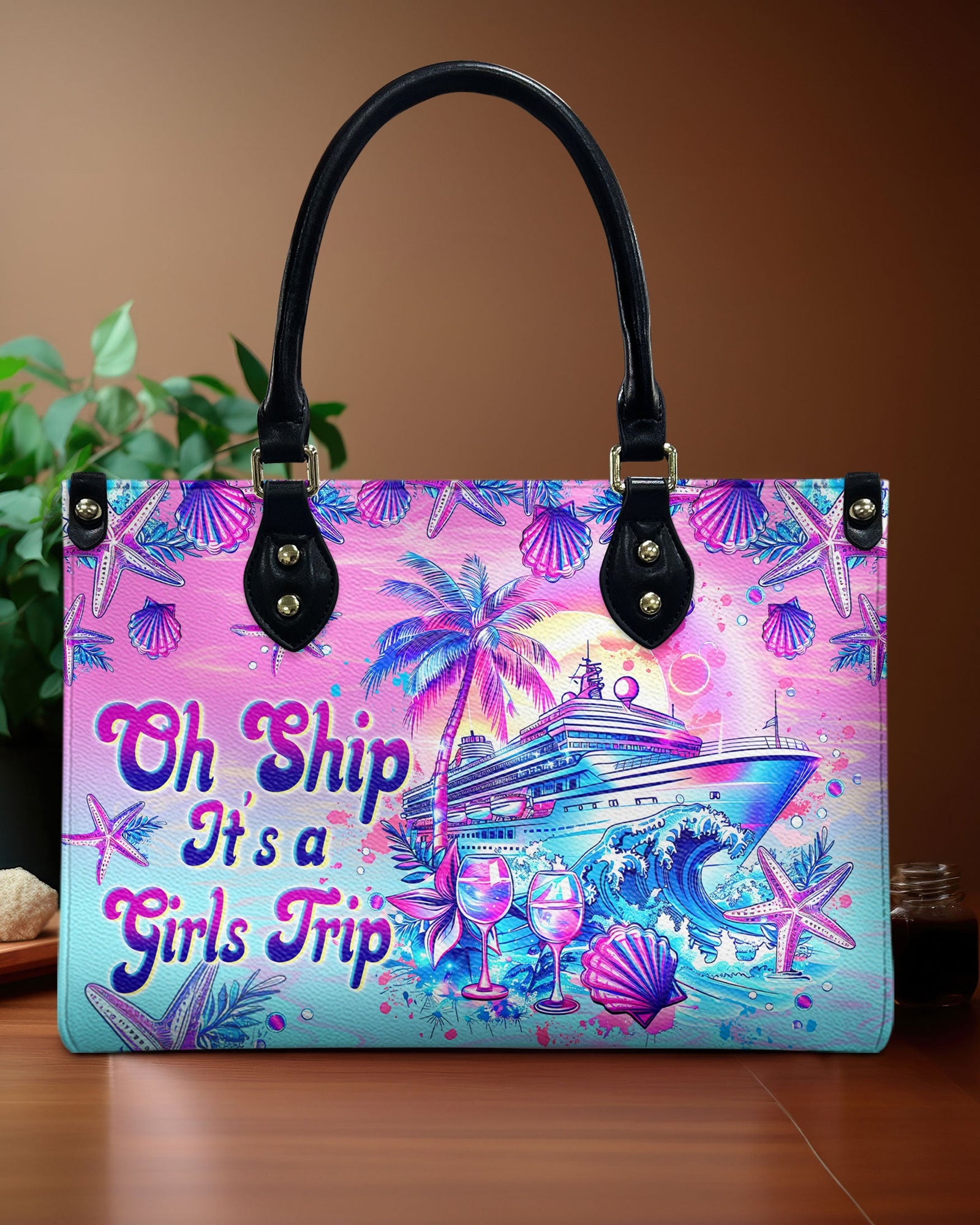 BLISSCORNERS OH SHIP IT'S A GIRLS TRIP CRUISE  LEATHER HANDBAG