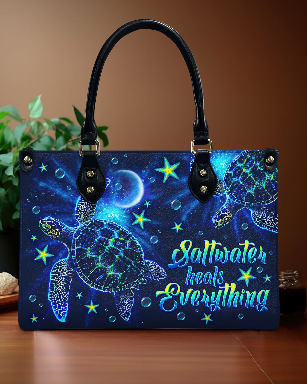 BLISSCORNERS SALTWATER HEALS EVERYTHING TURTLE  LEATHER HANDBAG