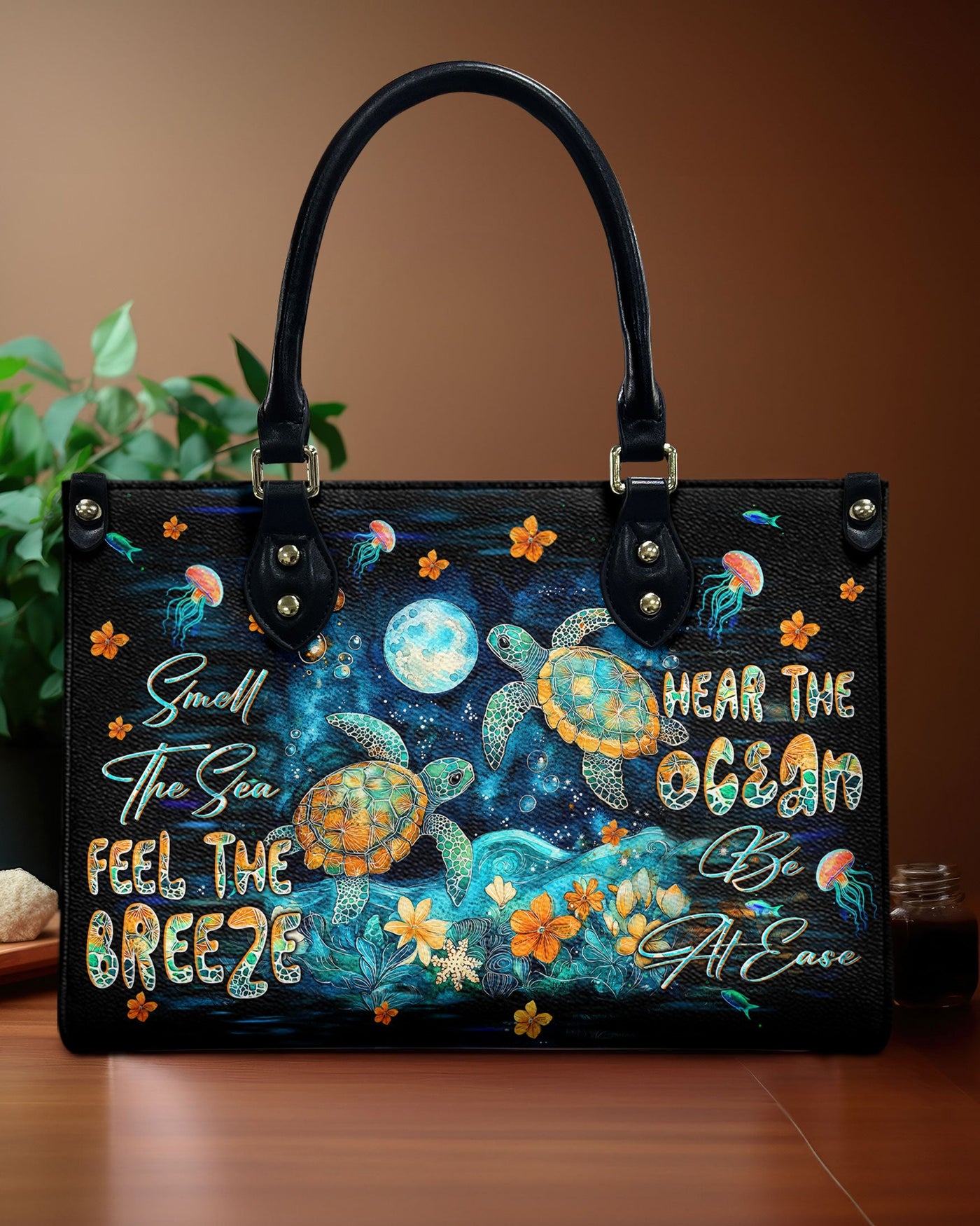 BLISSCORNERS SMELL THE SEA FEEL THE BREEZE TURTLE LEATHER HANDBAG