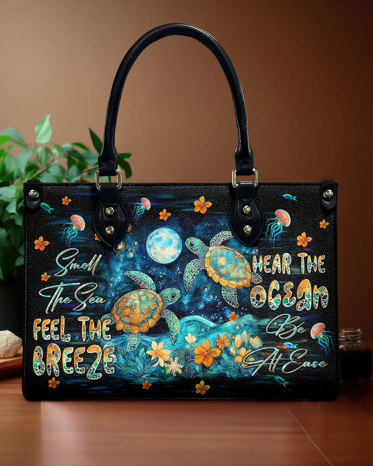 BLISSCORNERS SMELL THE SEA FEEL THE BREEZE TURTLE LEATHER HANDBAG