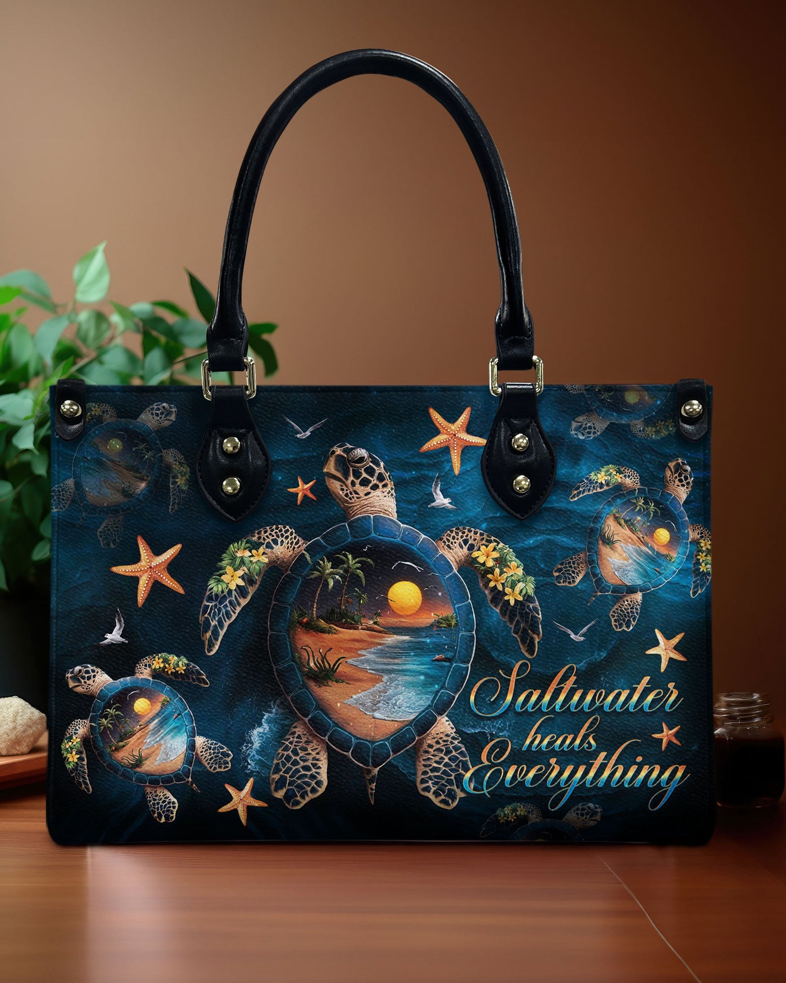 BLISSCORNERS SALTWATER HEALS EVERYTHING TURTLE LEATHER HANDBAG