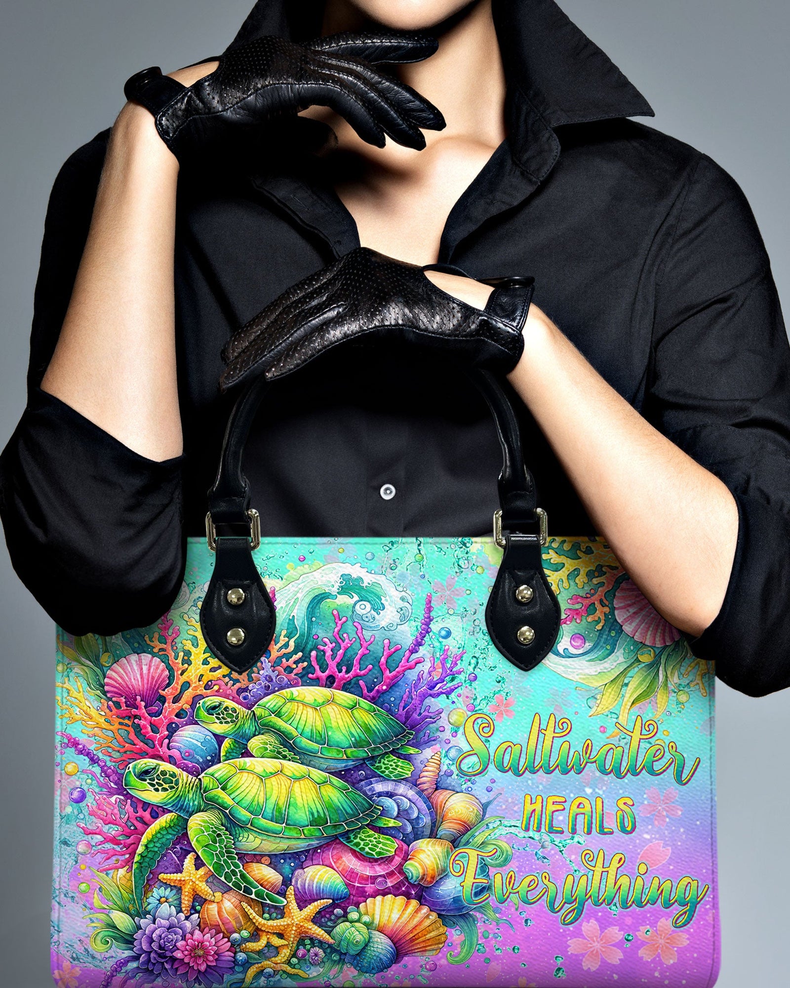 BLISSCORNERS SALTWATER HEALS EVERYTHING TURTLE LEATHER HANDBAG