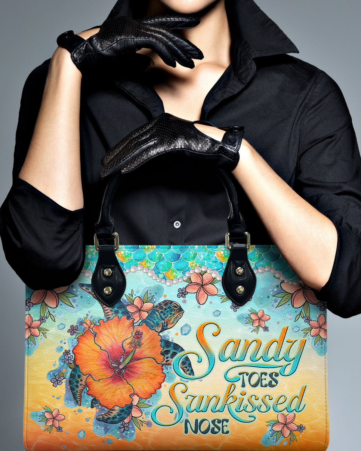 BLISSCORNERS SANDY TOES SUNKISSED NOSE TURTLE HIBISCUS LEATHER HANDBAG