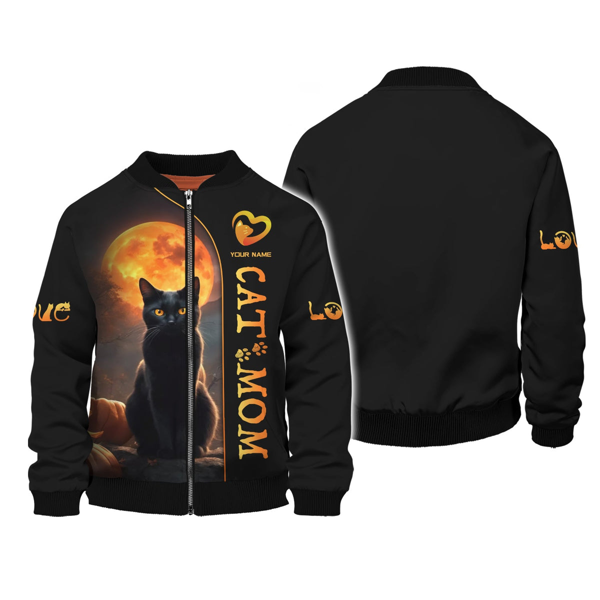 Blisscorners Black Cat With Moon Custom Name Cat Mom 3D Zipper Hoodie Gift For Cat Lovers
