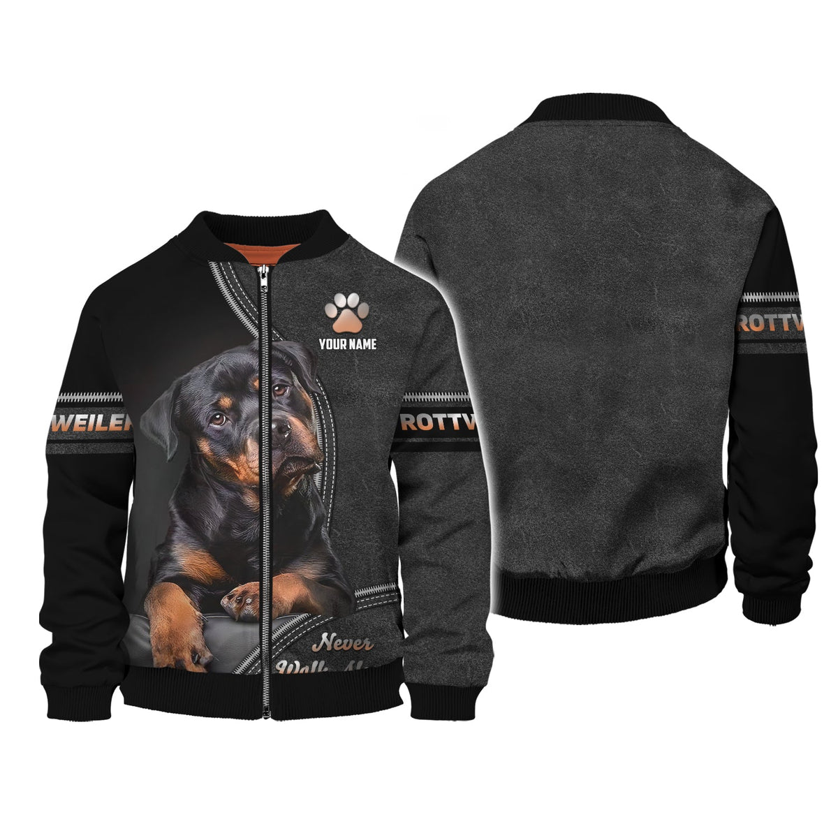 Blisscorners Rottweiler Custom Name Zipper Hoodie Never Walk Alone Gift For Dog Lover 3D Shirts