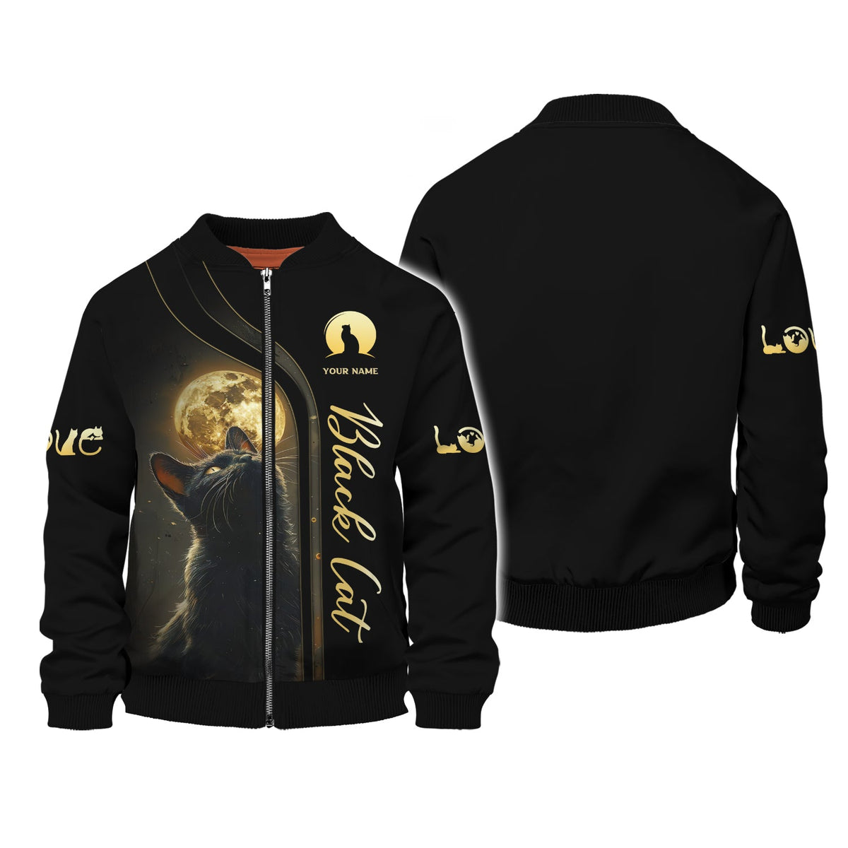 Blisscorners 3D Full Print Black Cat With Mysterious Moon T-Shirts Personalized Name Gift For Cat Lovers