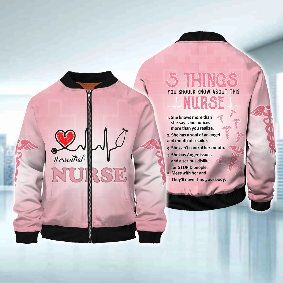 Blisscorners Nurse Essential Heartbeat Pink 3D Sweatshirt Hoodie Bomber, Idea Gift for Nurse Christmas