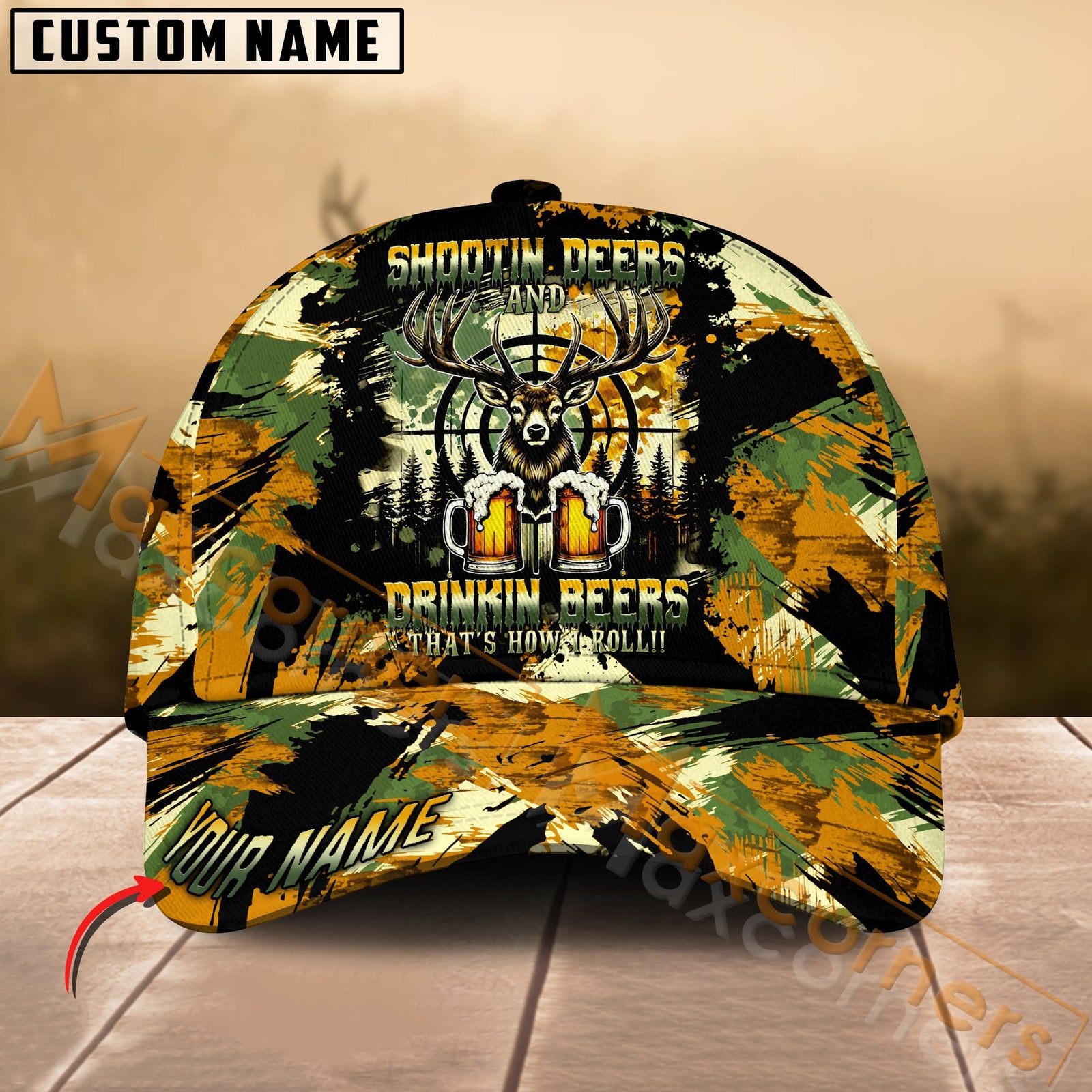 Blisscorners Deer Hunting AShootin’ Deers & Drinkin’ Beers Personalized Hunting Multicolor Personalized Name 3D Cap (4 colors)