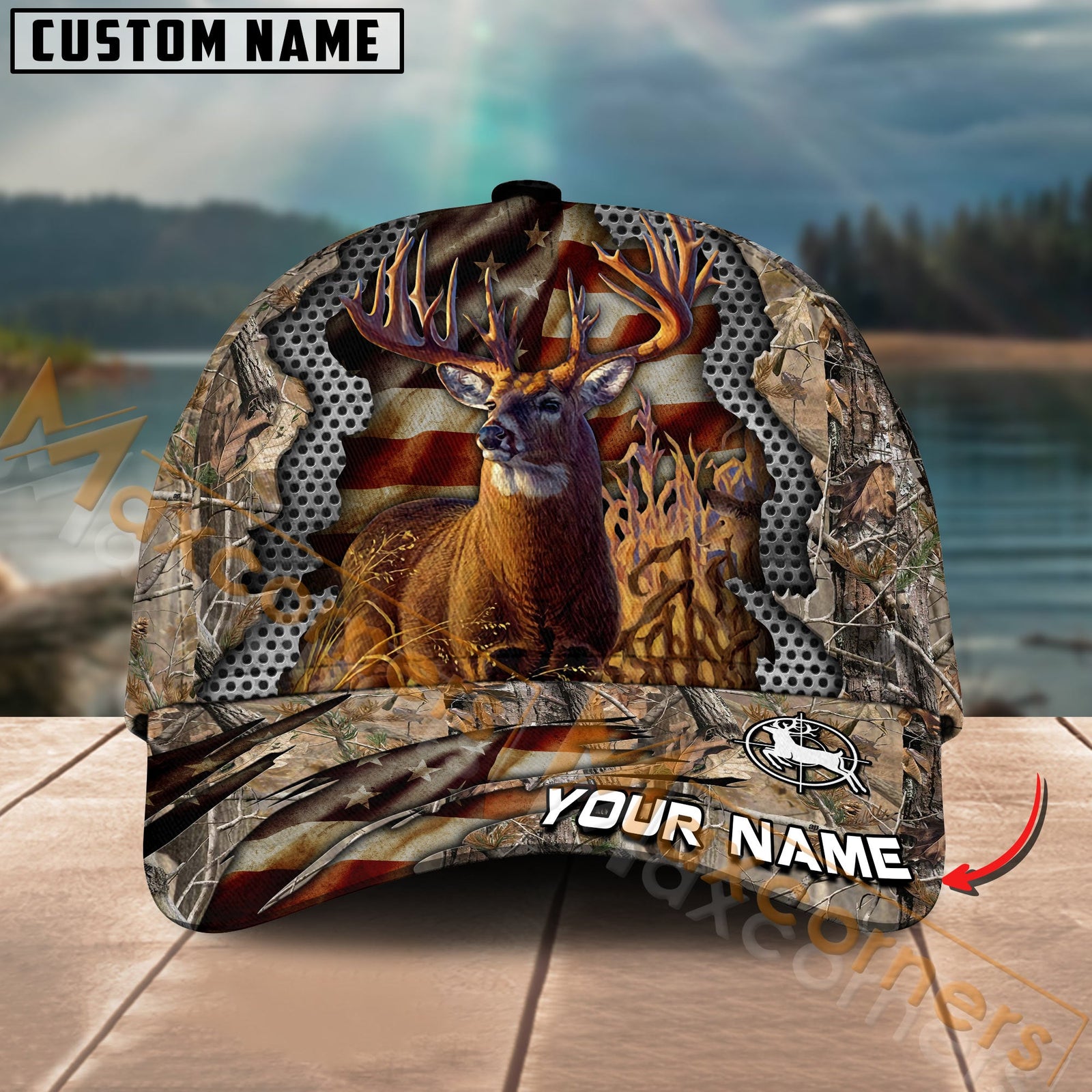 Blisscorners Deer Hunting American Flag Camo Multicolor Options Personalized Name 3D Cap