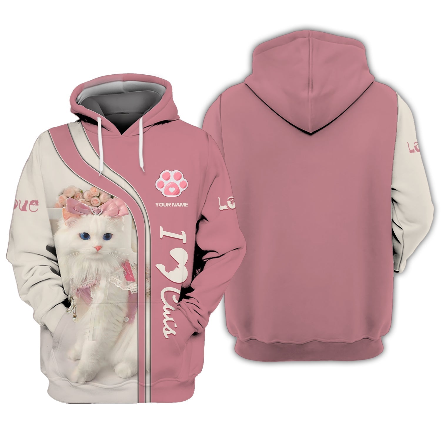 Blisscorners 3D Full Print Cute Cat Zipper Hoodie Personalized Name Gift For Cats Lovers