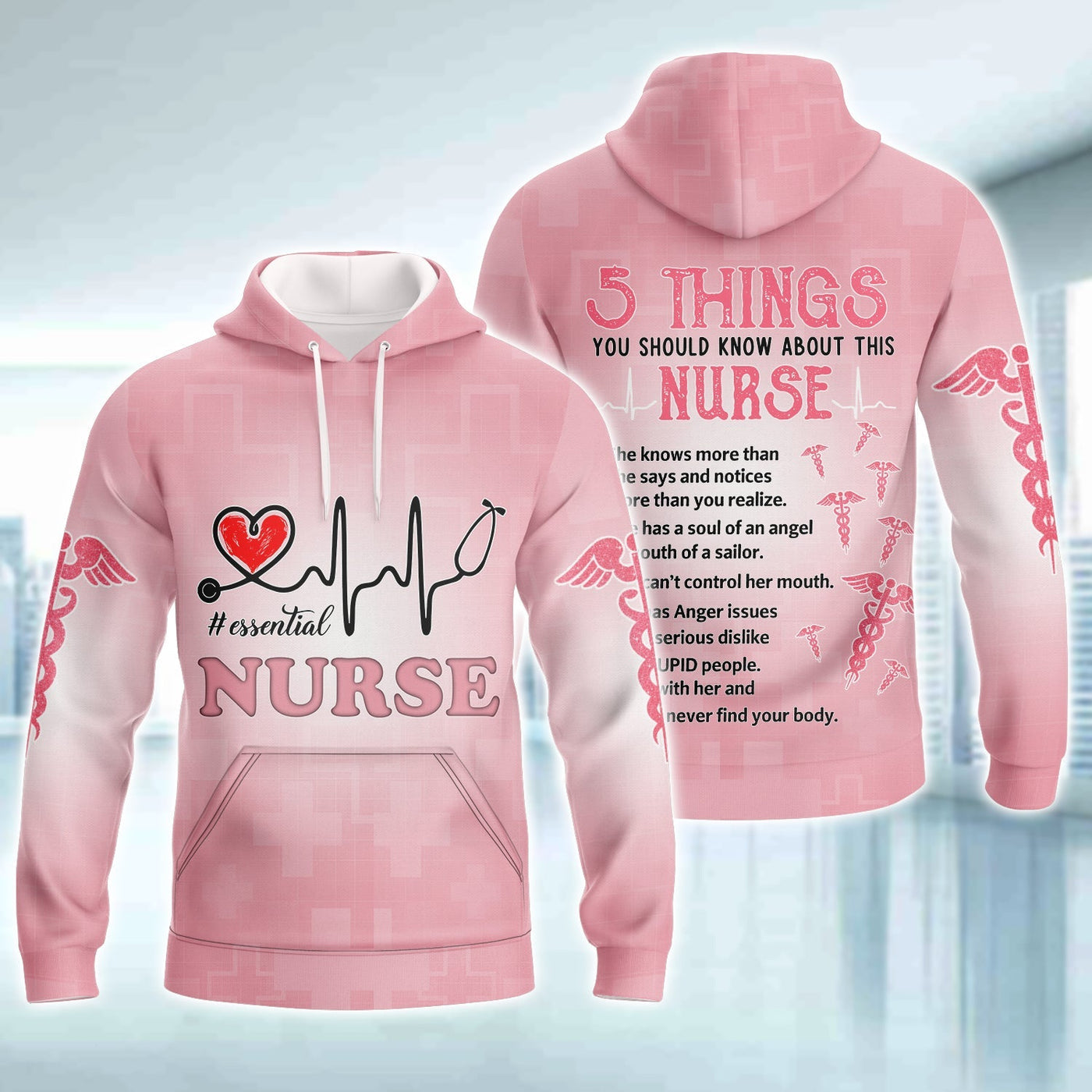 Blisscorners Nurse Essential Heartbeat Pink 3D Sweatshirt Hoodie Bomber, Idea Gift for Nurse Christmas