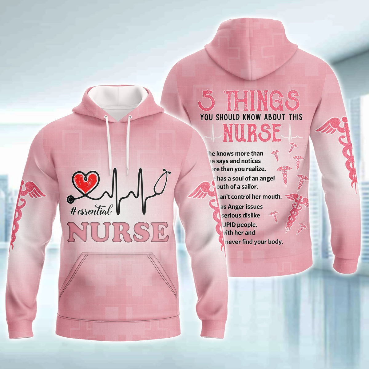 Blisscorners Nurse Essential Heartbeat Pink 3D Sweatshirt Hoodie Bomber, Idea Gift for Nurse Christmas