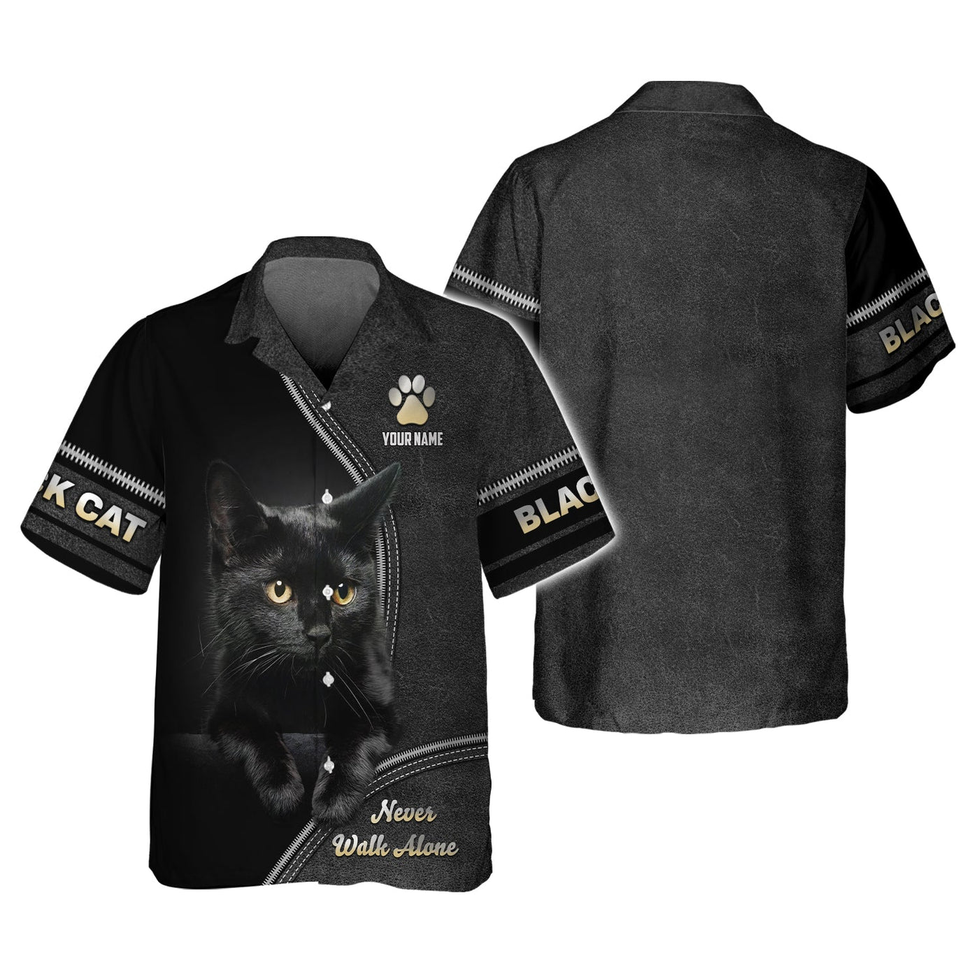 Blisscorners Custom Black Cat T-Shirt Never Walk Alone  Personalized Name Gift For Cat Lovers