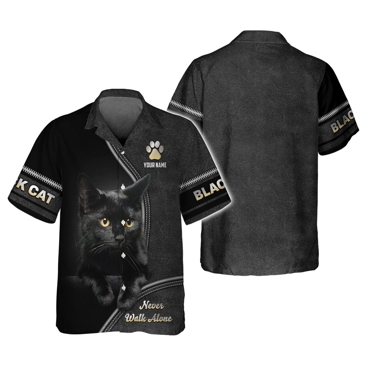 Blisscorners Custom Black Cat T-Shirt Never Walk Alone  Personalized Name Gift For Cat Lovers