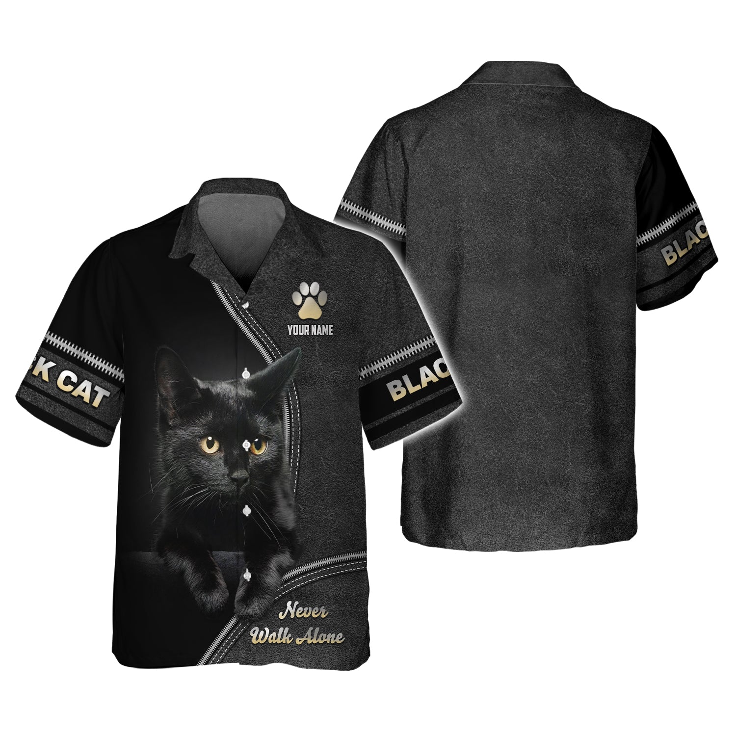 Blisscorners Custom Black Cat T-Shirt Never Walk Alone  Personalized Name Gift For Cat Lovers