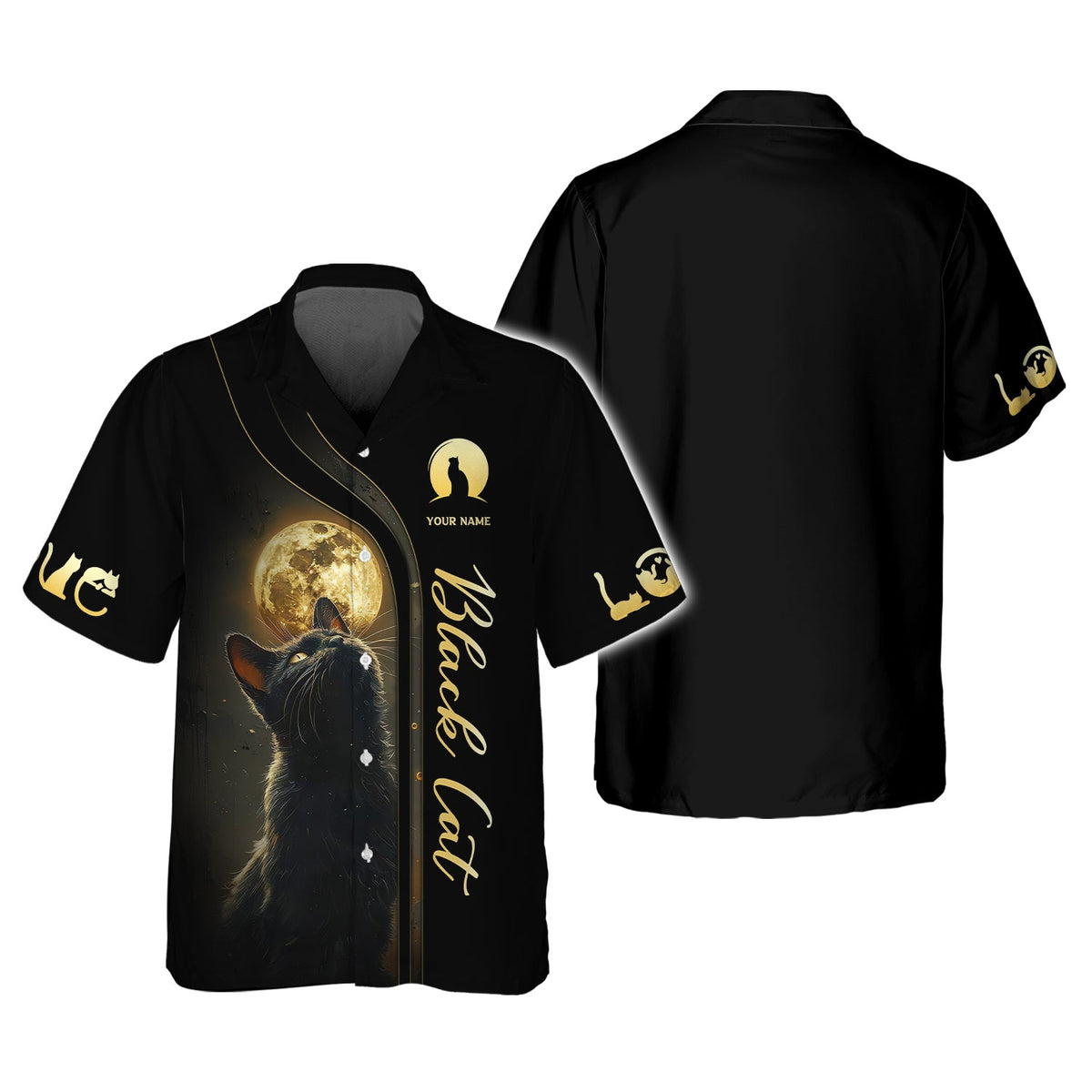 Blisscorners 3D Full Print Black Cat With Mysterious Moon T-Shirts Personalized Name Gift For Cat Lovers