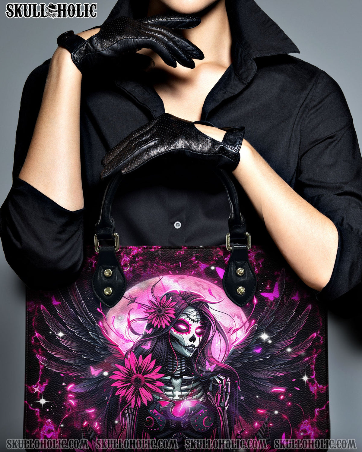 BLISSCORNERS PINK BLACK SKULL LADY LEATHER HANDBAG
