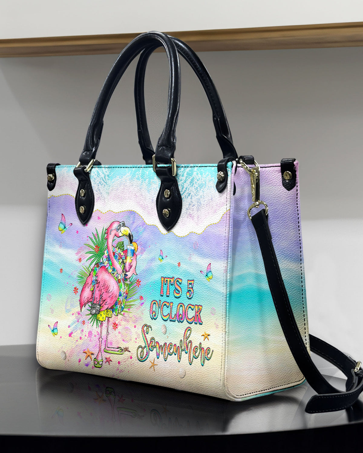 BLISSCORNERS IT'S 5 O'CLOCK SOMEWHERE FLAMINGO LEATHER HANDBAG