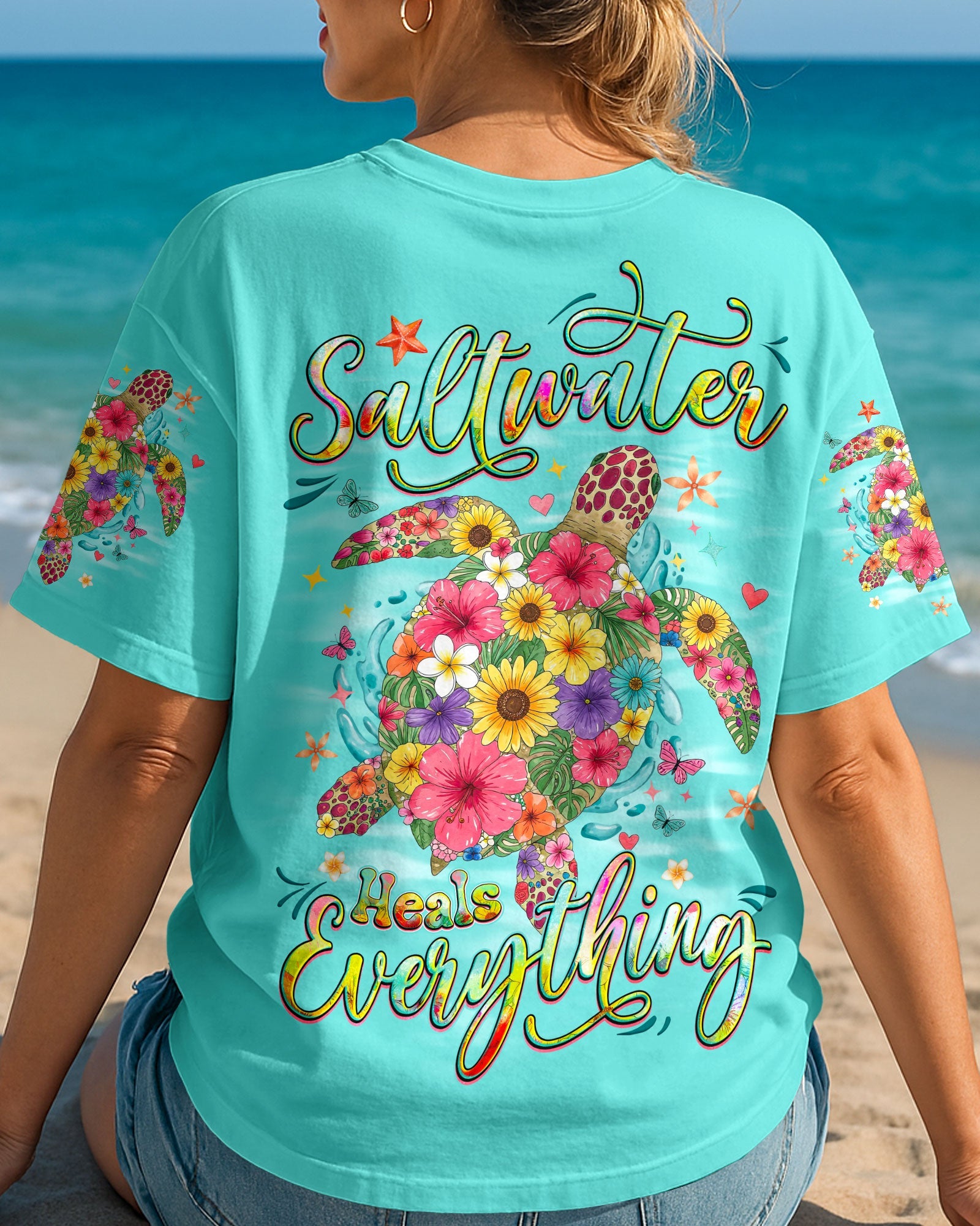 BLISSCORNERS SALTWATER HEALS EVERYTHING TURTLE FLOWERS ALL OVER PRINT