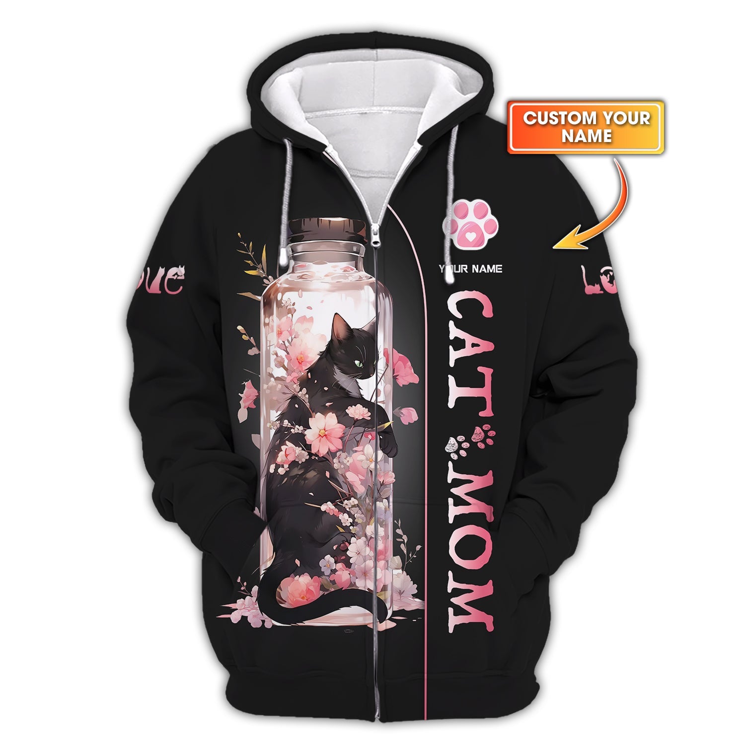 Blisscorners Black Cat In Cherry Blossom Jar Custom Name Cat Mom 3D Zipper Hoodie Gift For Cat Lovers