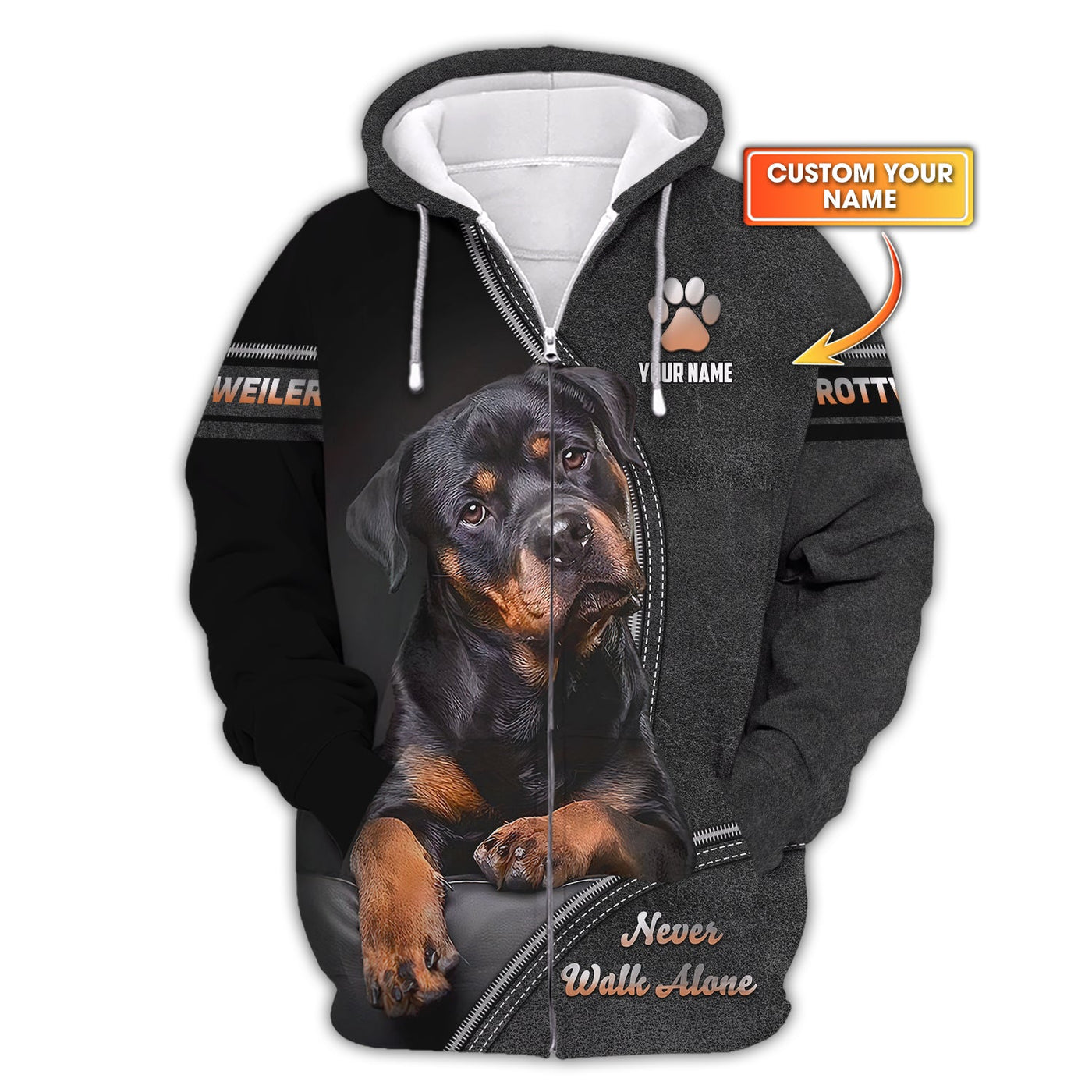 Blisscorners Rottweiler Custom Name Zipper Hoodie Never Walk Alone Gift For Dog Lover 3D Shirts