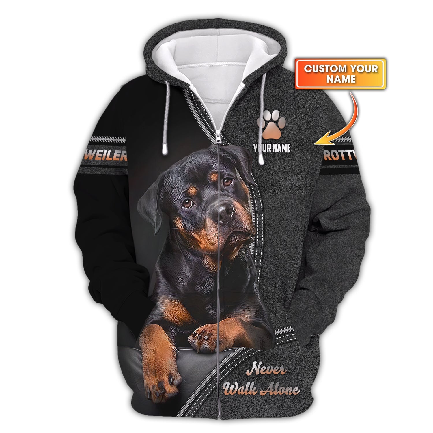 Blisscorners Rottweiler Custom Name Zipper Hoodie Never Walk Alone Gift For Dog Lover 3D Shirts
