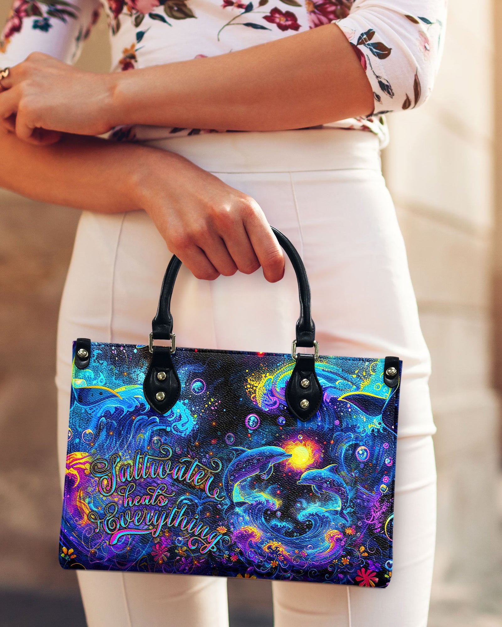 BLISSCORNERS SALTWATER HEALS EVERYTHING DOLPHIN  LEATHER HANDBAG