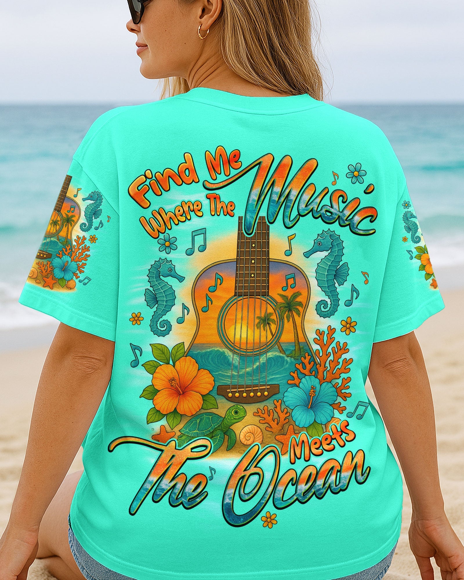 BLISSCORNERS FIND ME WHERE THE MUSIC MEETS THE OCEAN GUITAR ALL OVER PRINT