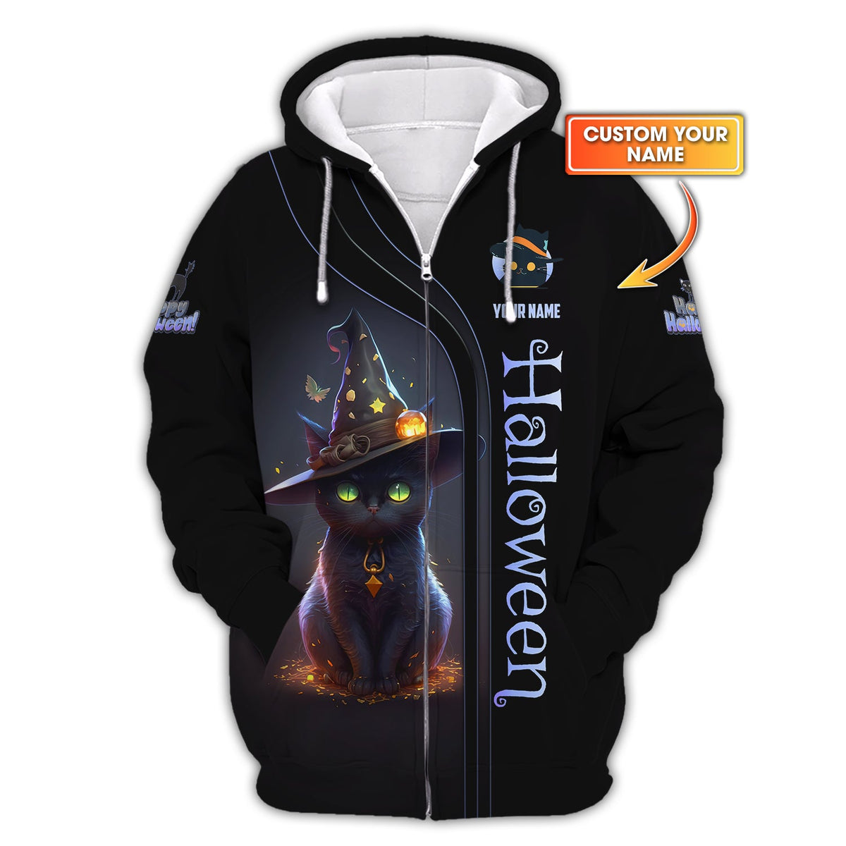 Blisscorners Halloween Custom Zipper Hoodie Black Cat Of Halloween 3D Shirt Gift For Halloween Lovers