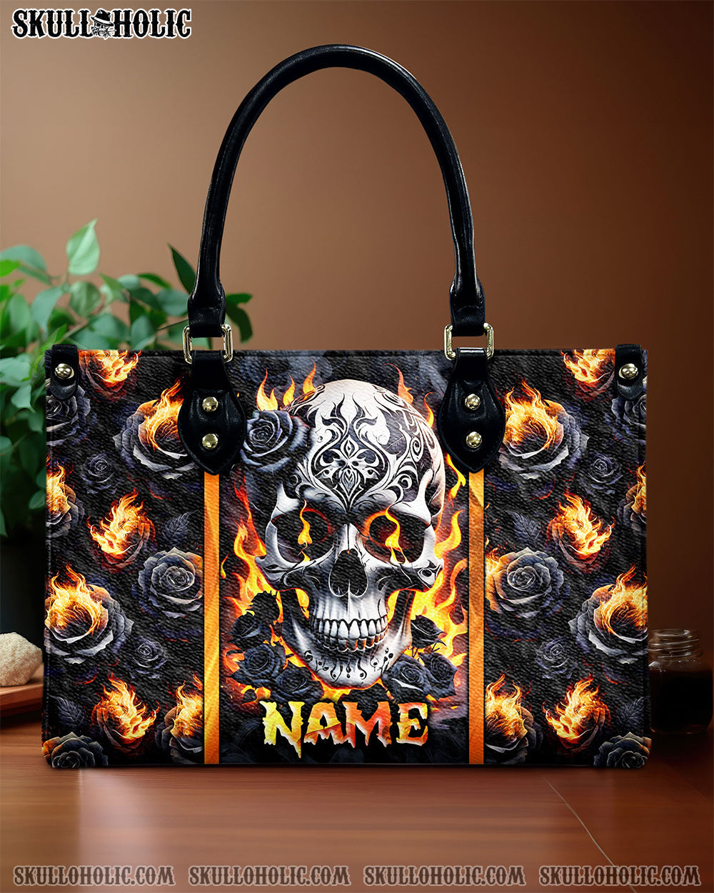 BLISSCORNERS SKULL FIRE BLACK ROSE LEATHER HANDBAG