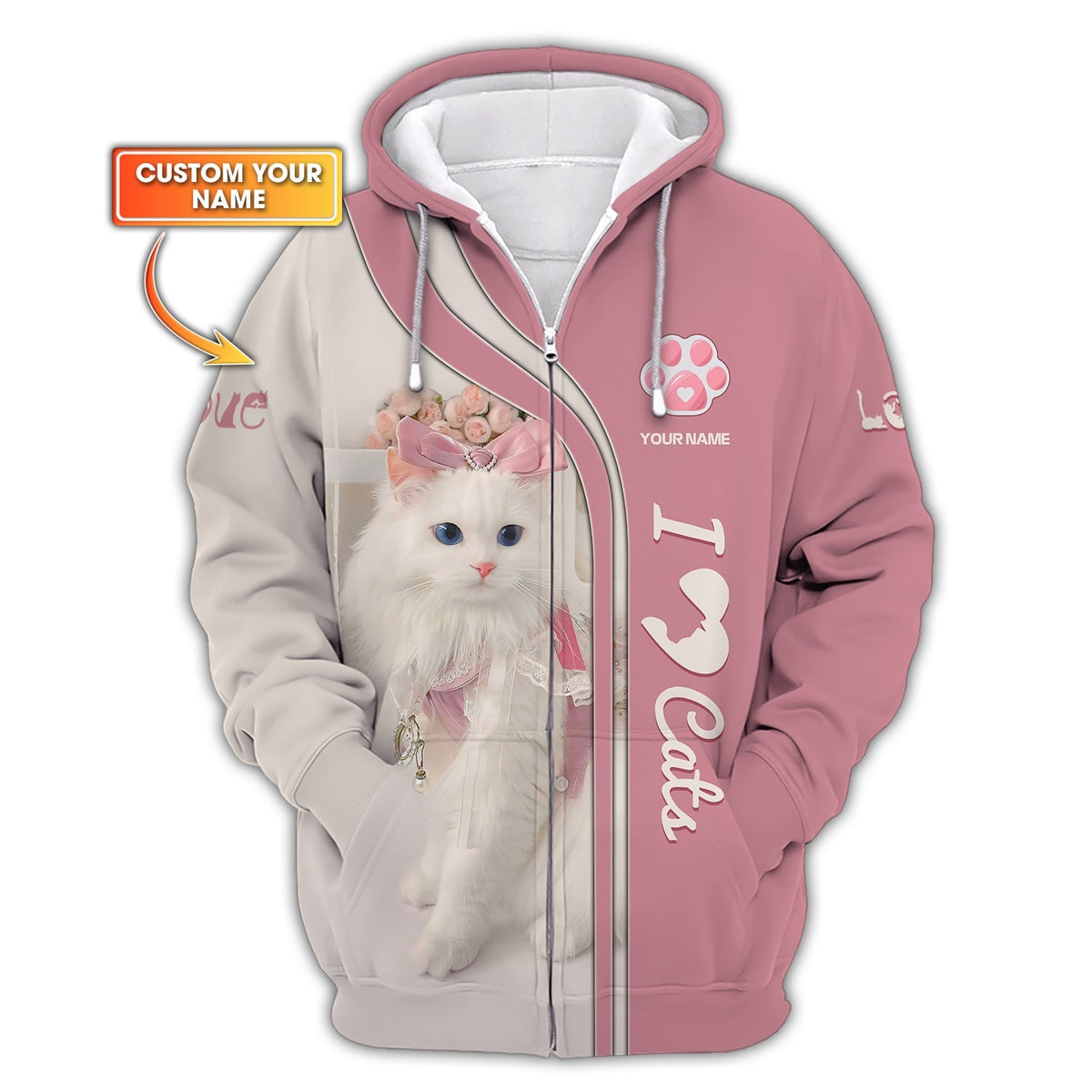 Blisscorners 3D Full Print Cute Cat Zipper Hoodie Personalized Name Gift For Cats Lovers