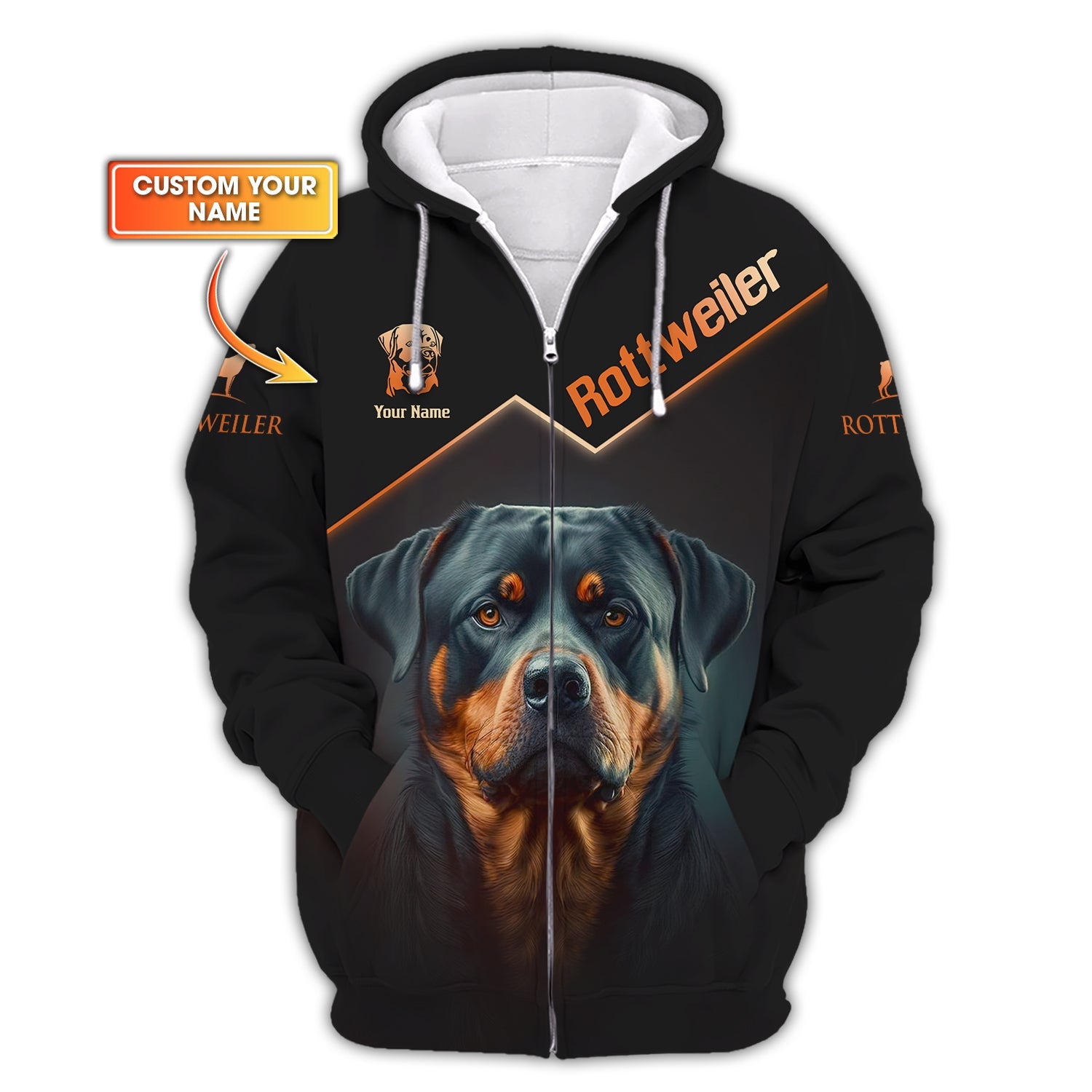 Blisscorners 3D Full Print Brave Rottweiler Zipper Hoodie Personalized Name Gift For Rottweiler Lovers