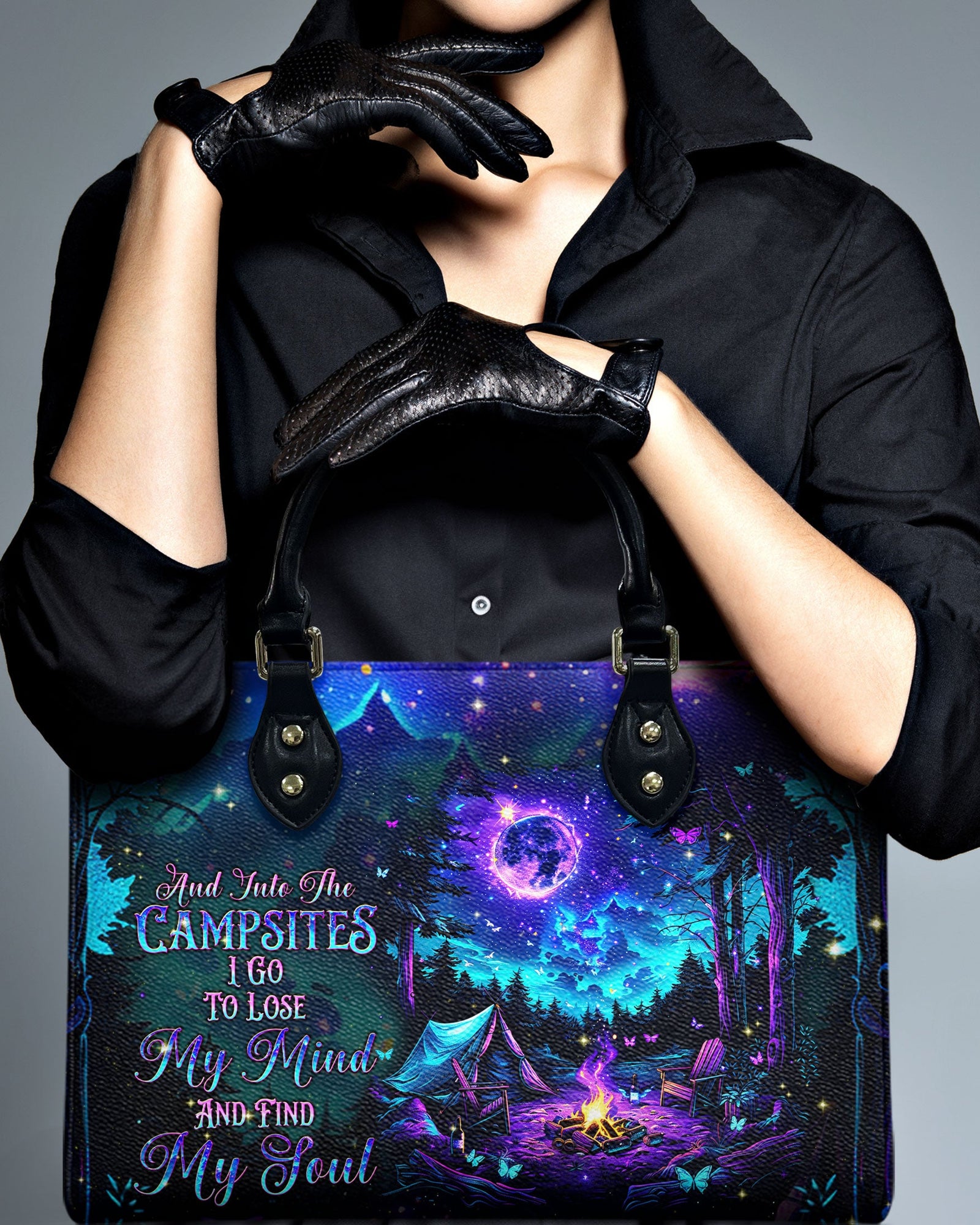 BLISSCORNERS AND INTO THE CAMPSITES I GO  LEATHER HANDBAG
