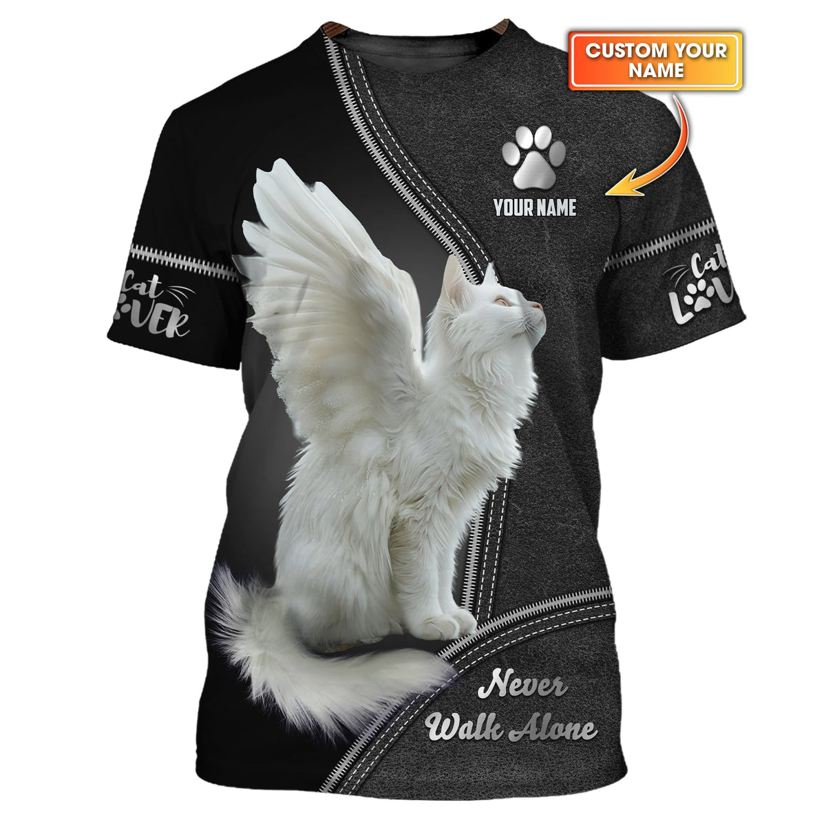 Blisscorners White Cat Custom Name Shirt Never Walk Alone Gift For Cat Lover 3D Shirts