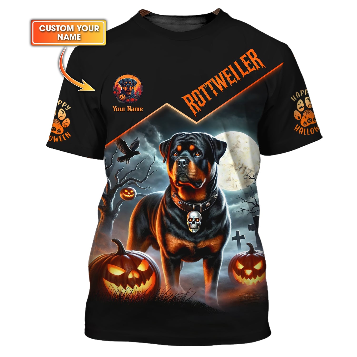 Blisscorners Happy Halloween Custom Name 3D T-Shirts Rottweiler With Pumpkin Halloween Shirt