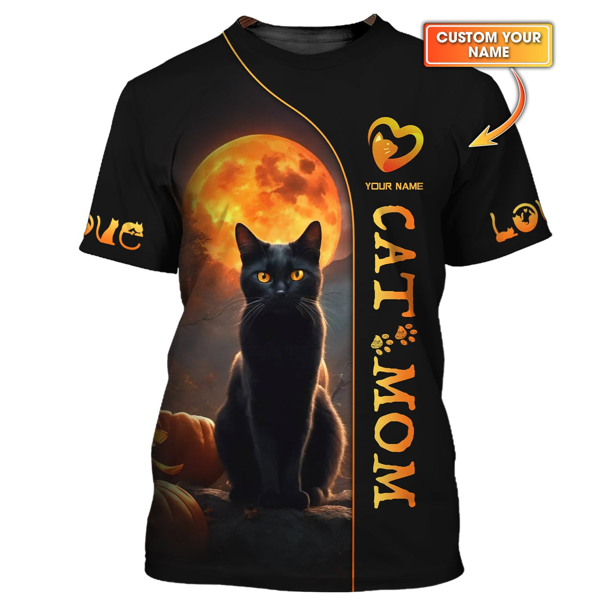 Blisscorners Black Cat With Moon Custom Name Cat Mom 3D Shirt Gift For Cat Lovers