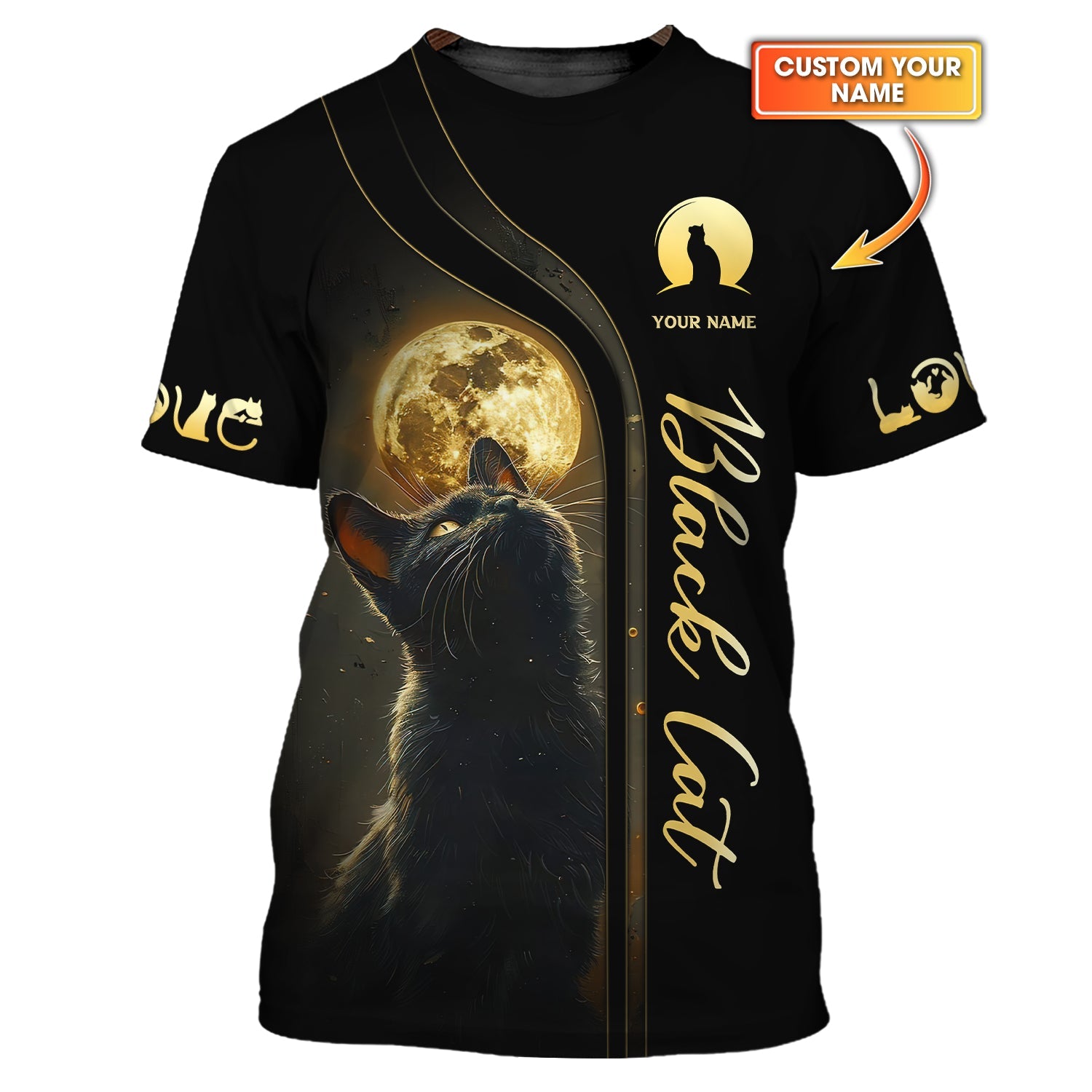 Blisscorners 3D Full Print Black Cat With Mysterious Moon T-Shirts Personalized Name Gift For Cat Lovers