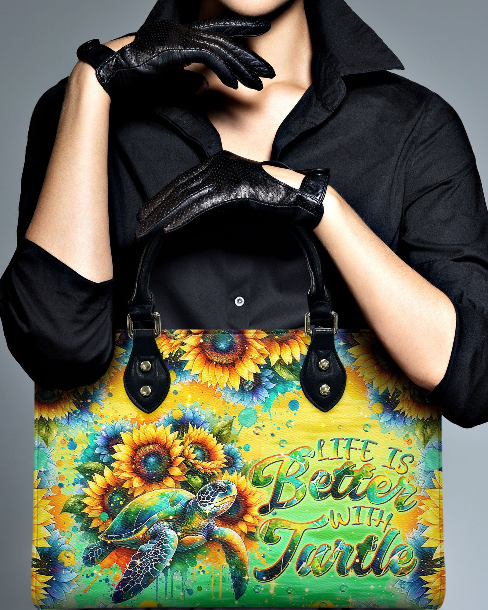 BLISSCORNERS LIFE IS BETTER WITH TURTLE SUNFLOWER LEATHER HANDBAG