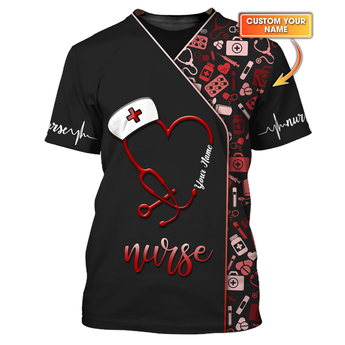 Blisscorners 3D Full Print Stethoscope Heart T-Shirts Personalized Name Gift For Nurse Lovers