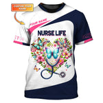 Blisscorners 3D Full Print Stethoscope With Flower Heart T-Shirts Personalized Name Gift For Nurse Lovers