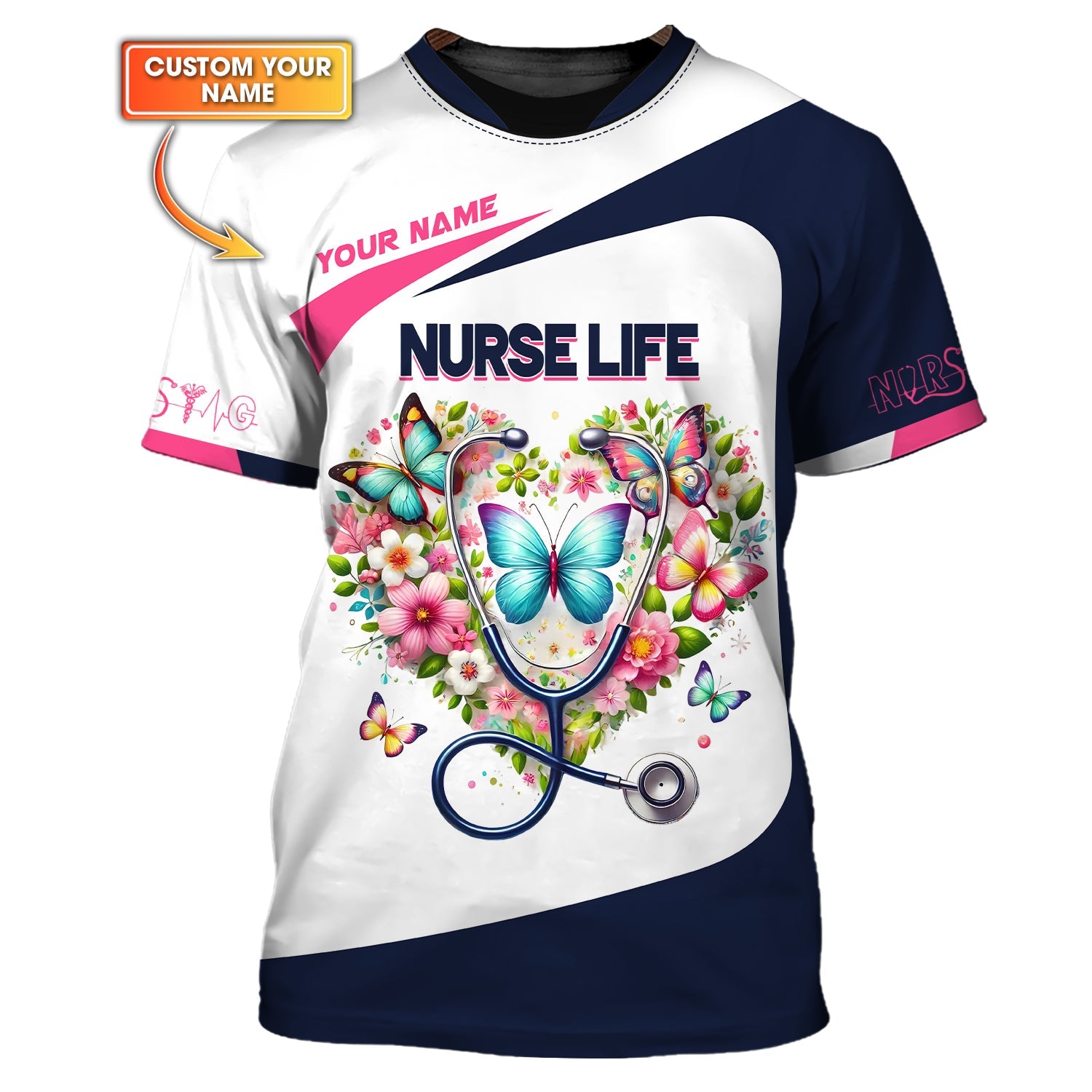 Blisscorners 3D Full Print Stethoscope With Flower Heart T-Shirts Personalized Name Gift For Nurse Lovers