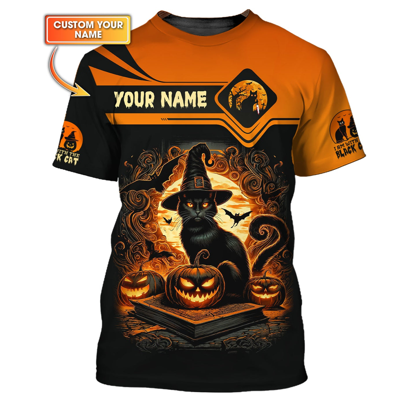 Blisscorners 3D Full Print Wizzard Black Cat T-Shirts Personalized Name Gift For Cat Lovers