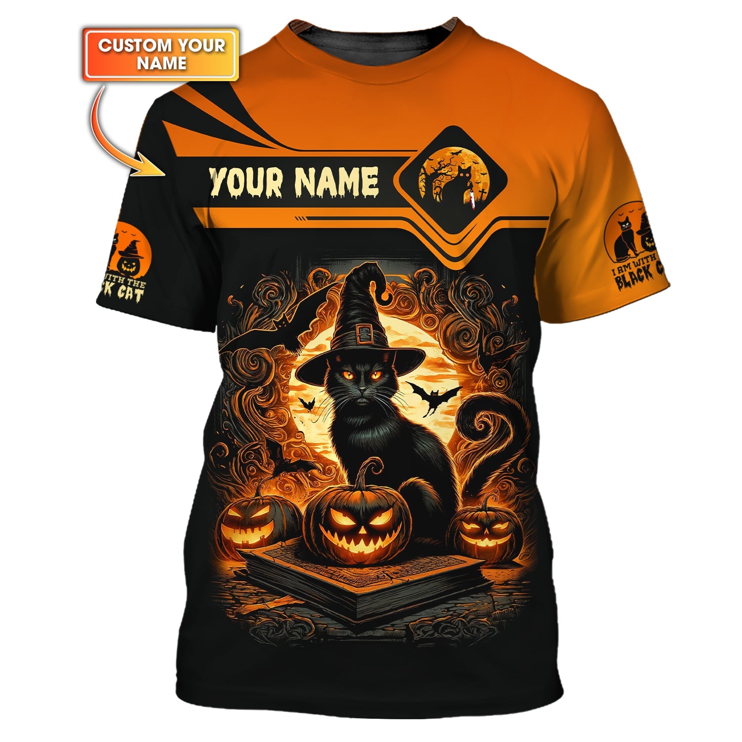 Blisscorners 3D Full Print Wizzard Black Cat T-Shirts Personalized Name Gift For Cat Lovers