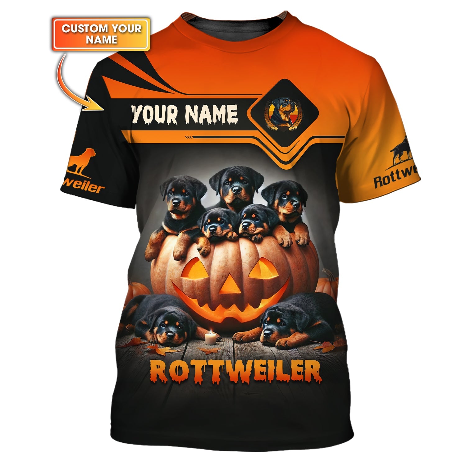 Blisscorners Happy Halloween Custom Name 3D T-Shirts Rottweilers With Pumpkin Halloween Shirt