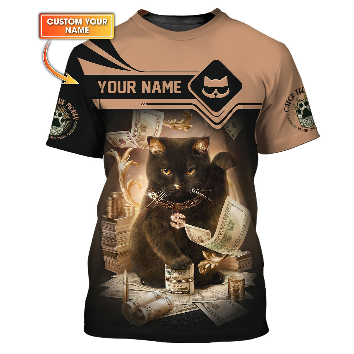 Blisscorners Lucky Black Cat Money Dollar Custom Name 3D Shirt Gift For Cat Lovers