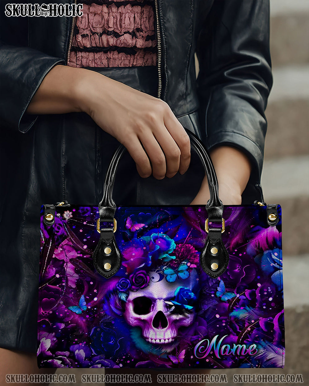 BLISSCORNERS GLOWING SKULL FLOWER LEATHER HANDBAG