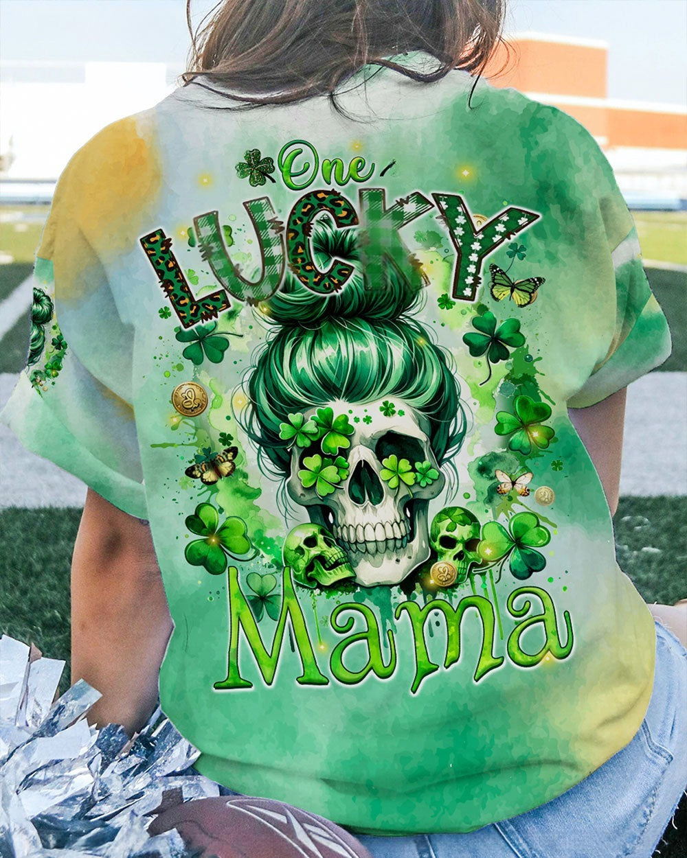 BLISSCORNERS B GIRLS CHUG BEER MESSY BUN SKULL PATRICK'S DAY ALL OVER PRINT