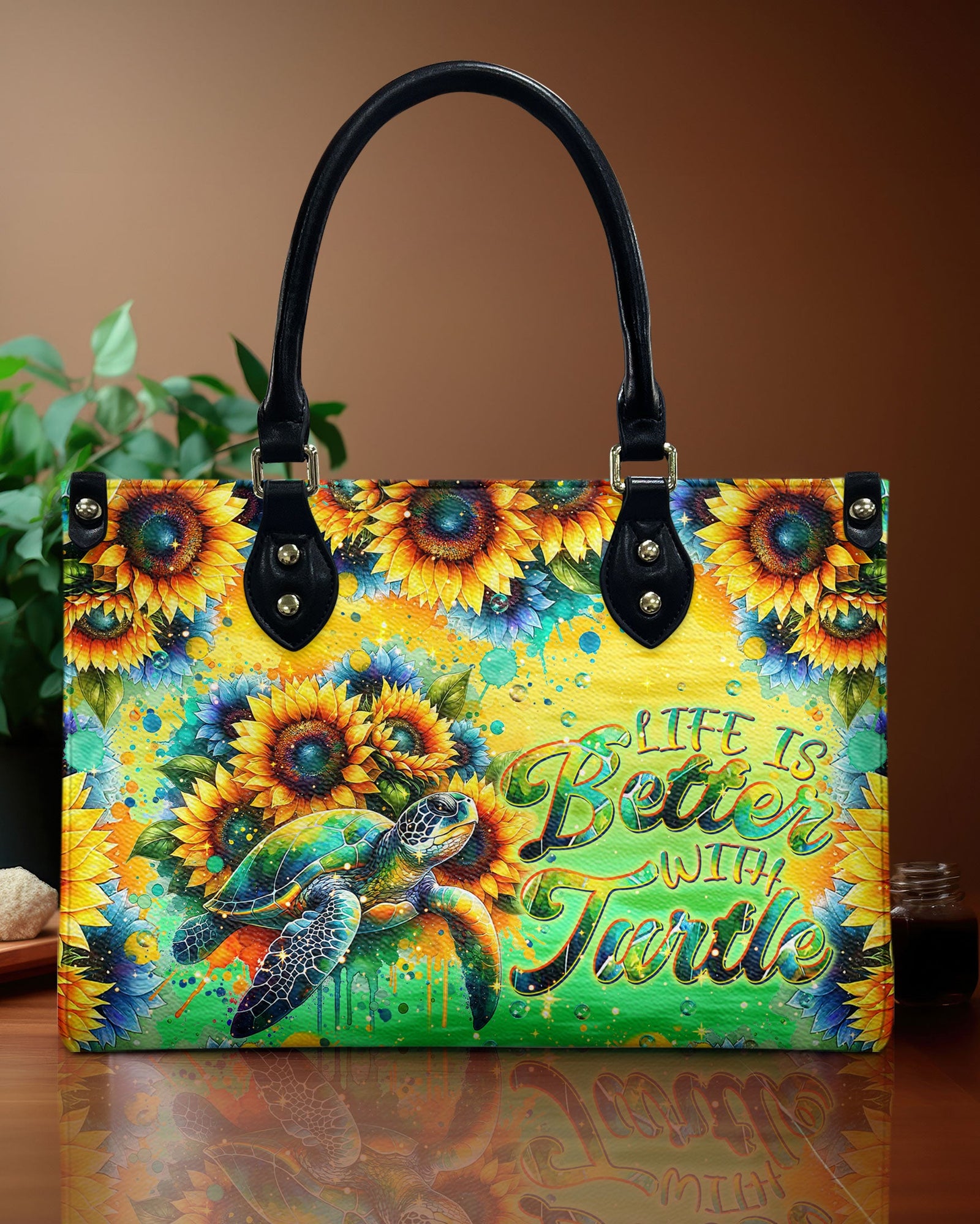 BLISSCORNERS LIFE IS BETTER WITH TURTLE SUNFLOWER LEATHER HANDBAG