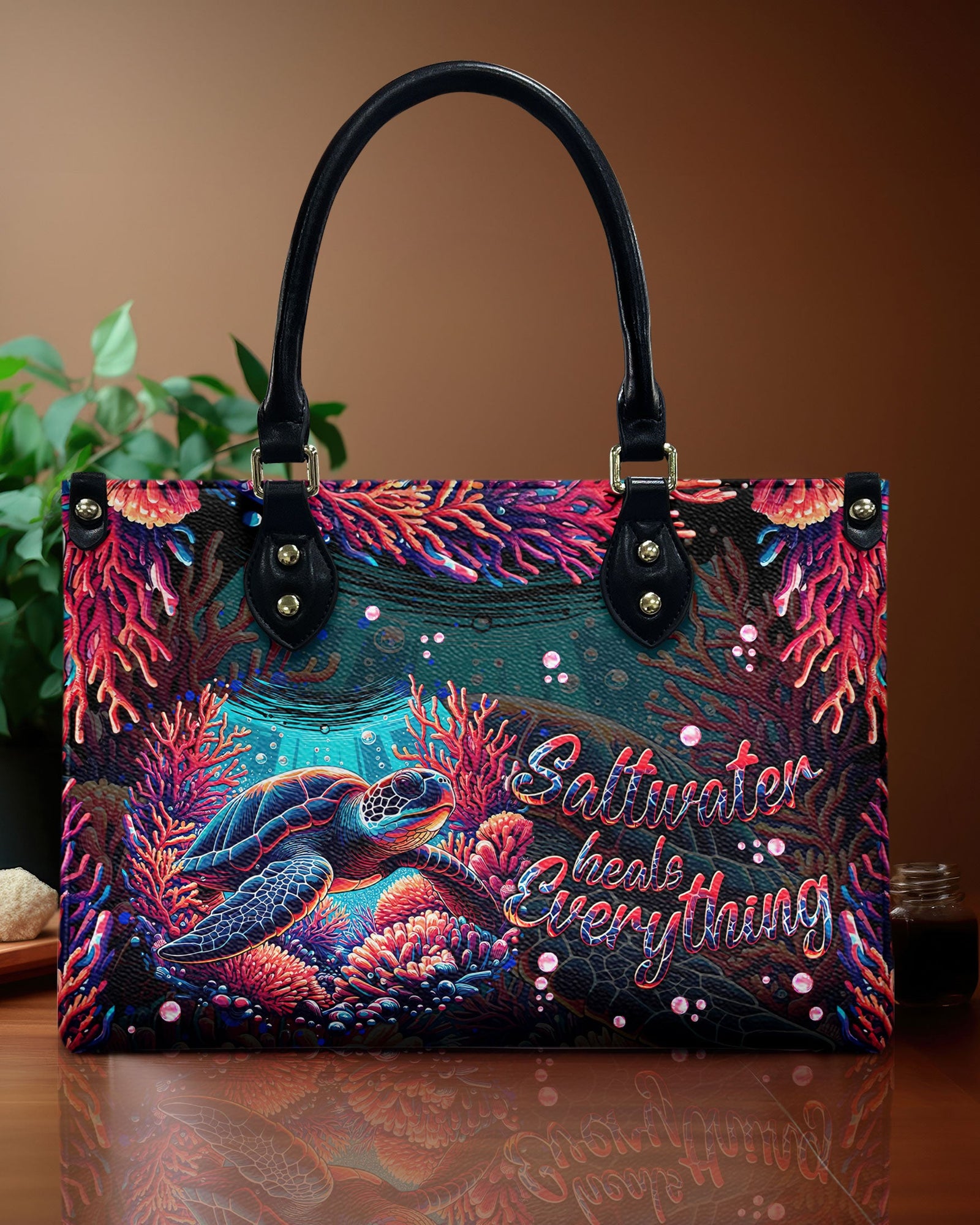 BLISSCORNERS SALTWATER HEALS EVERYTHING TURTLE  LEATHER HANDBAG